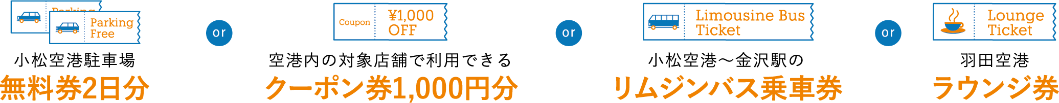 小松空港駐車場無料券2日分 or 空港内の対象店舗で利用できるクーポン券1,000円分 or 小松空港〜金沢駅のリムジンバス乗車券 or 羽田空港ラウンジ券